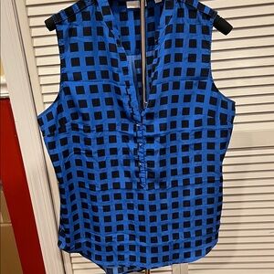 New York & Company Blue Black Grid Blouse